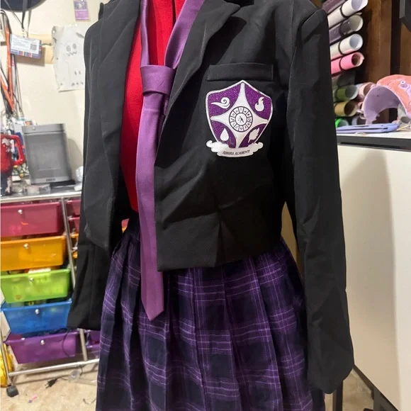 Purple Plaid Skirt and Black Blazer with Tie - Picture 2 of 3